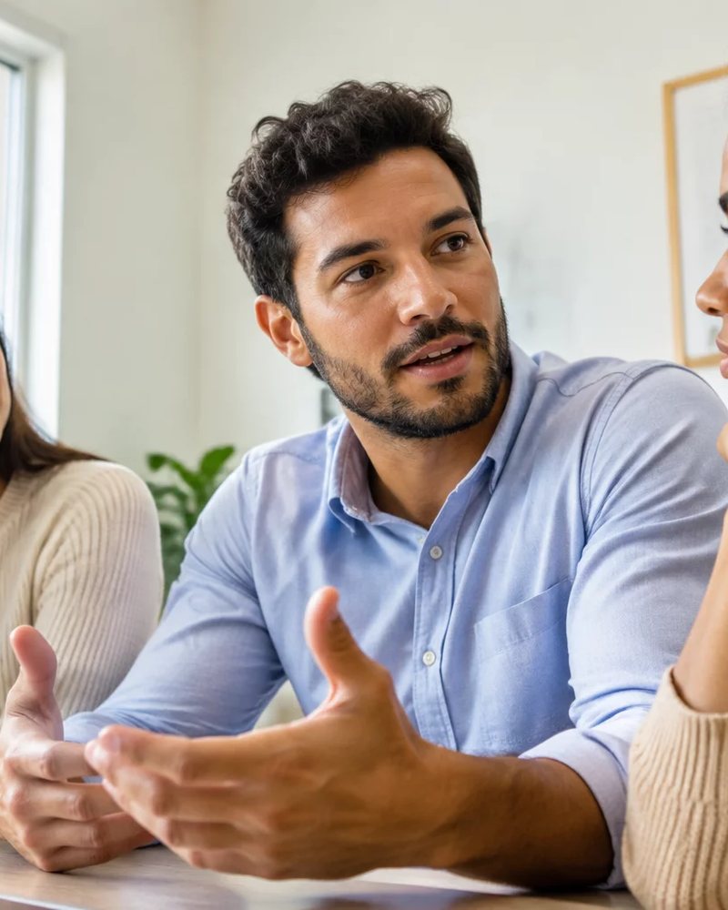 Microfone deitado sobre a mesa, com a roda de participantes fora de foco ao fundo